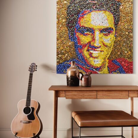 Bottle cap mosaic of Elvis Presley hanging in a music room