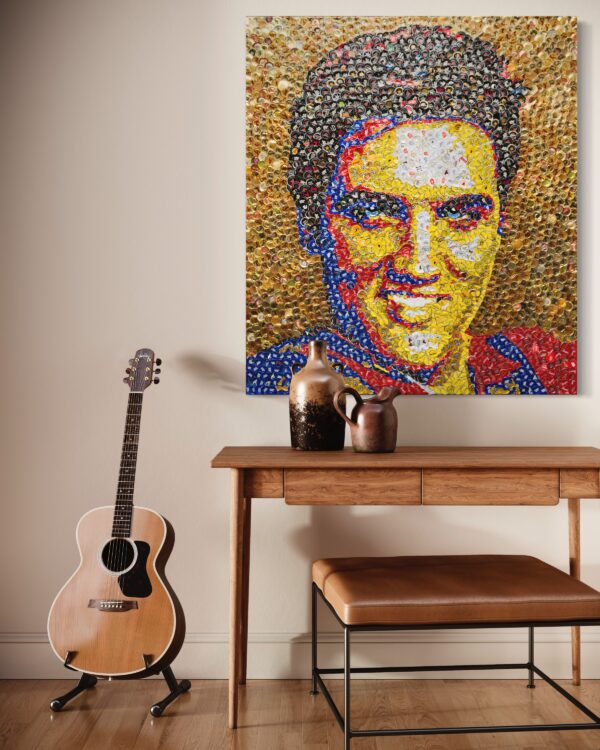 Bottle cap mosaic of Elvis Presley hanging in a music room