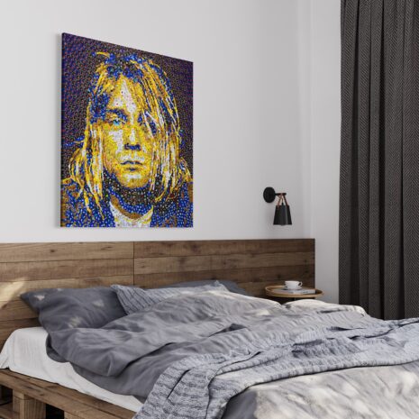 Bottle cap mosaic of Kurt Cobain hanging in Seattle bedroom