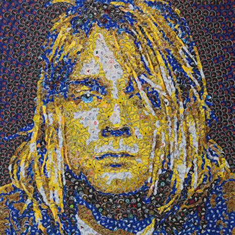 A mosaic made from discarded bottle caps of the late musician Kurt Cobain