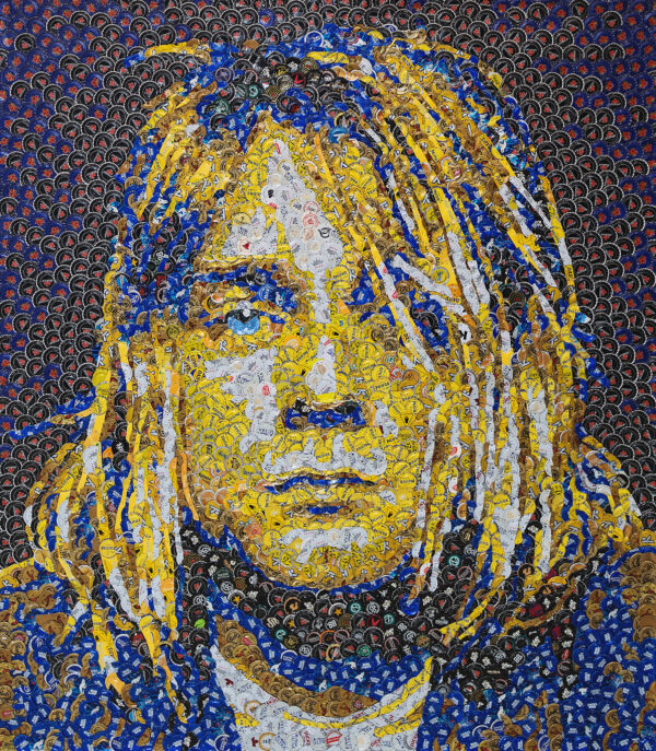 A mosaic made from discarded bottle caps of the late musician Kurt Cobain